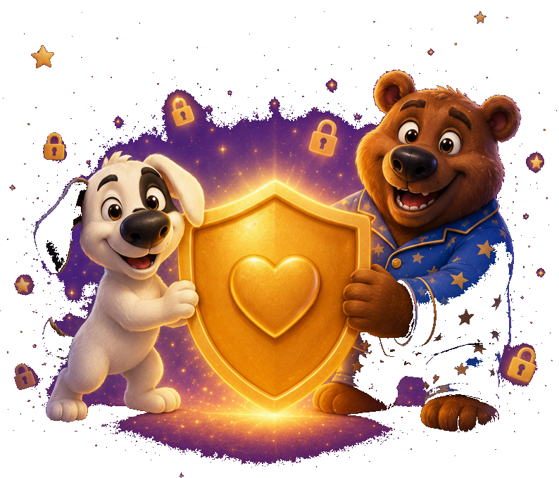 Buddies holding a golden heart shield